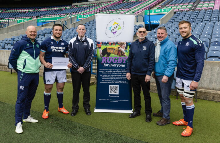 Pictured: SCRT representatives receive their cheque from GREAT Patron Gregor Townsend MBE and GREAT Trustee Willie Allan MBE at Murrayfield, joined by Scotland Internationals Zander and Matt Fagerson.